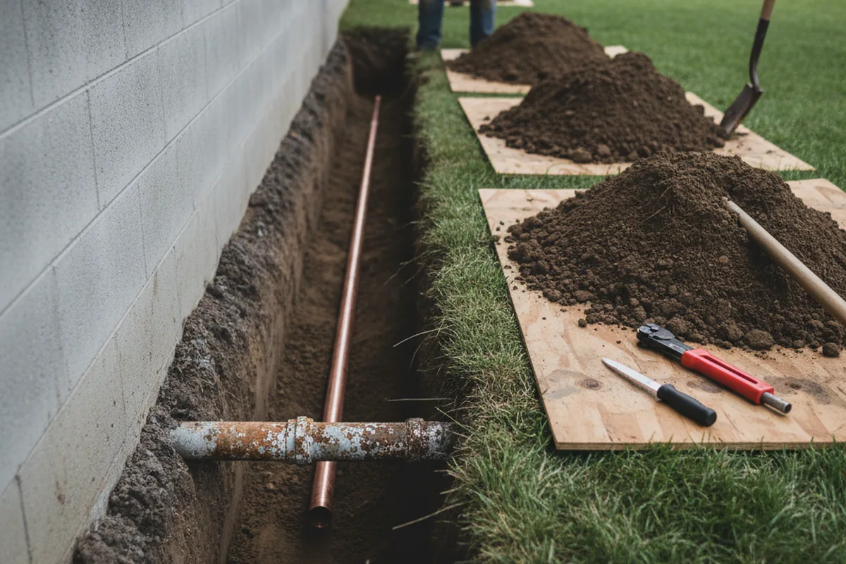 Excavated water line trench during Sewer Line Repair in West Point